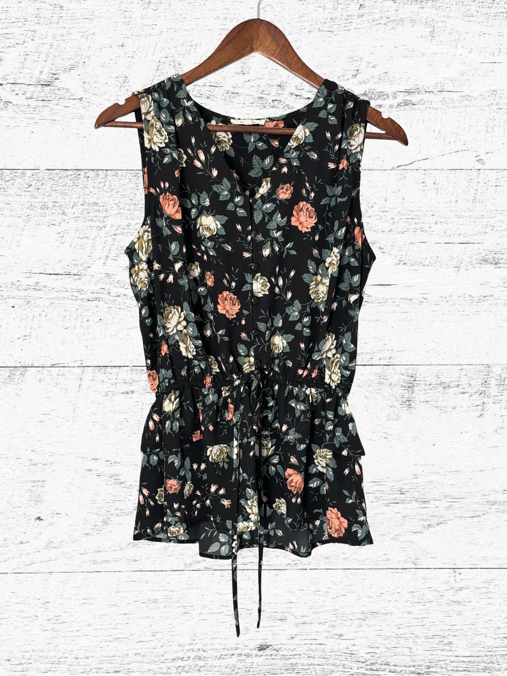 Pleione Black Floral Sleeveless Drawstring Waist Top